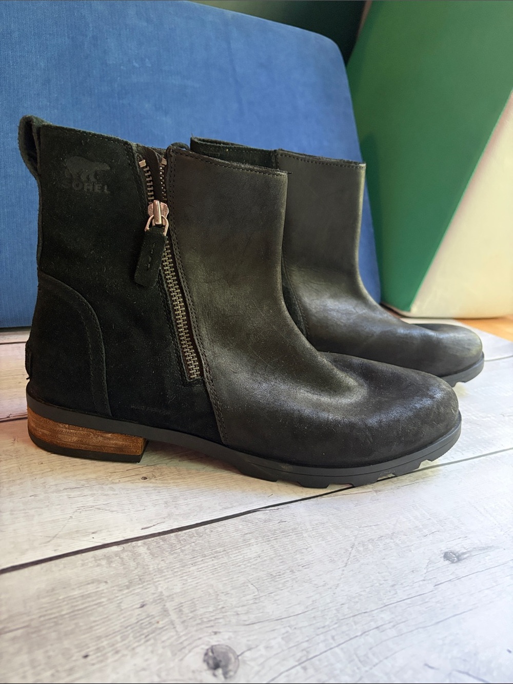 Sorel Emelie Black Leather & Suede Side-Zip Ankle Boots